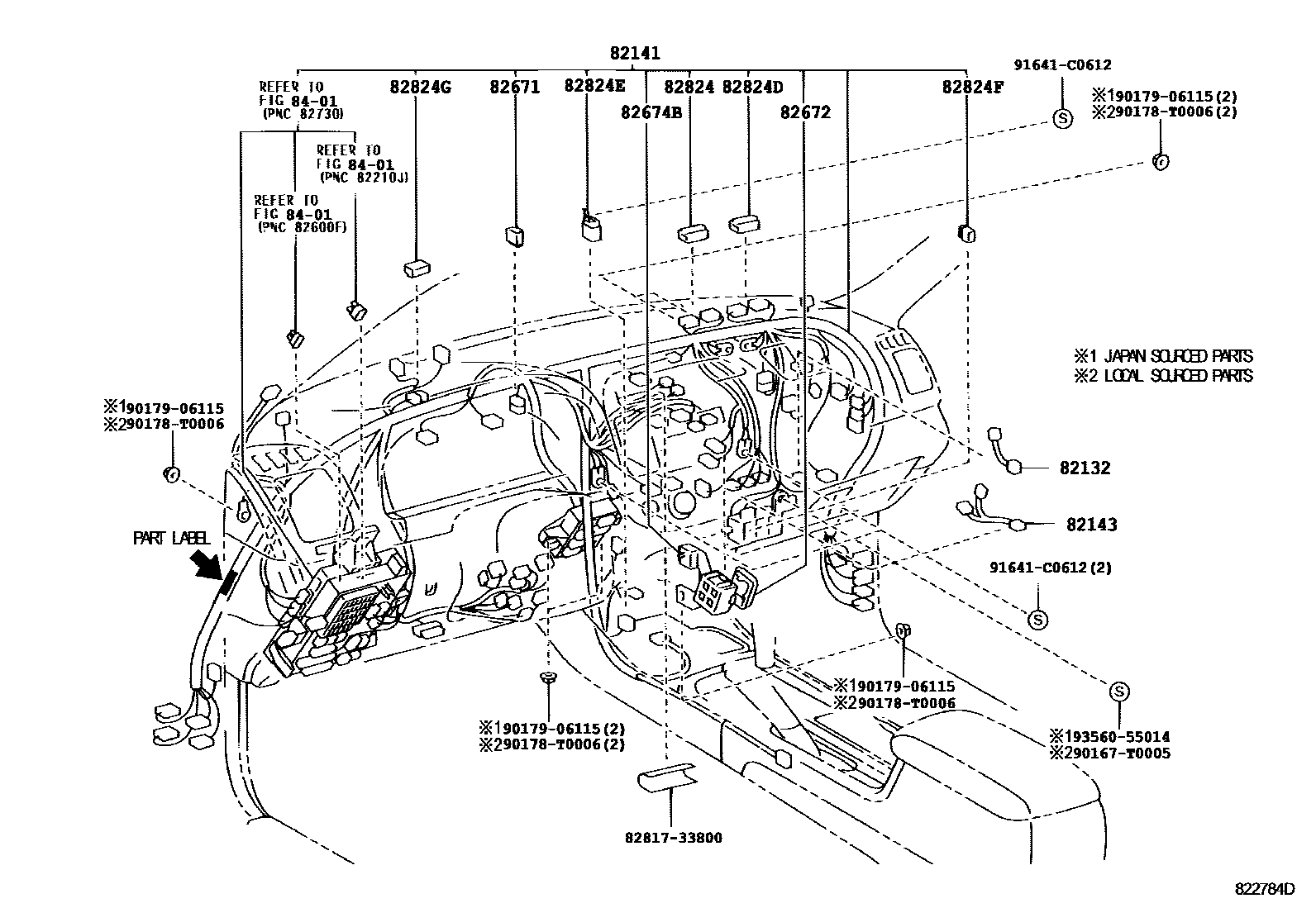 Toyota CAMRY 线束和卡夹 EPC diagram — 822784D