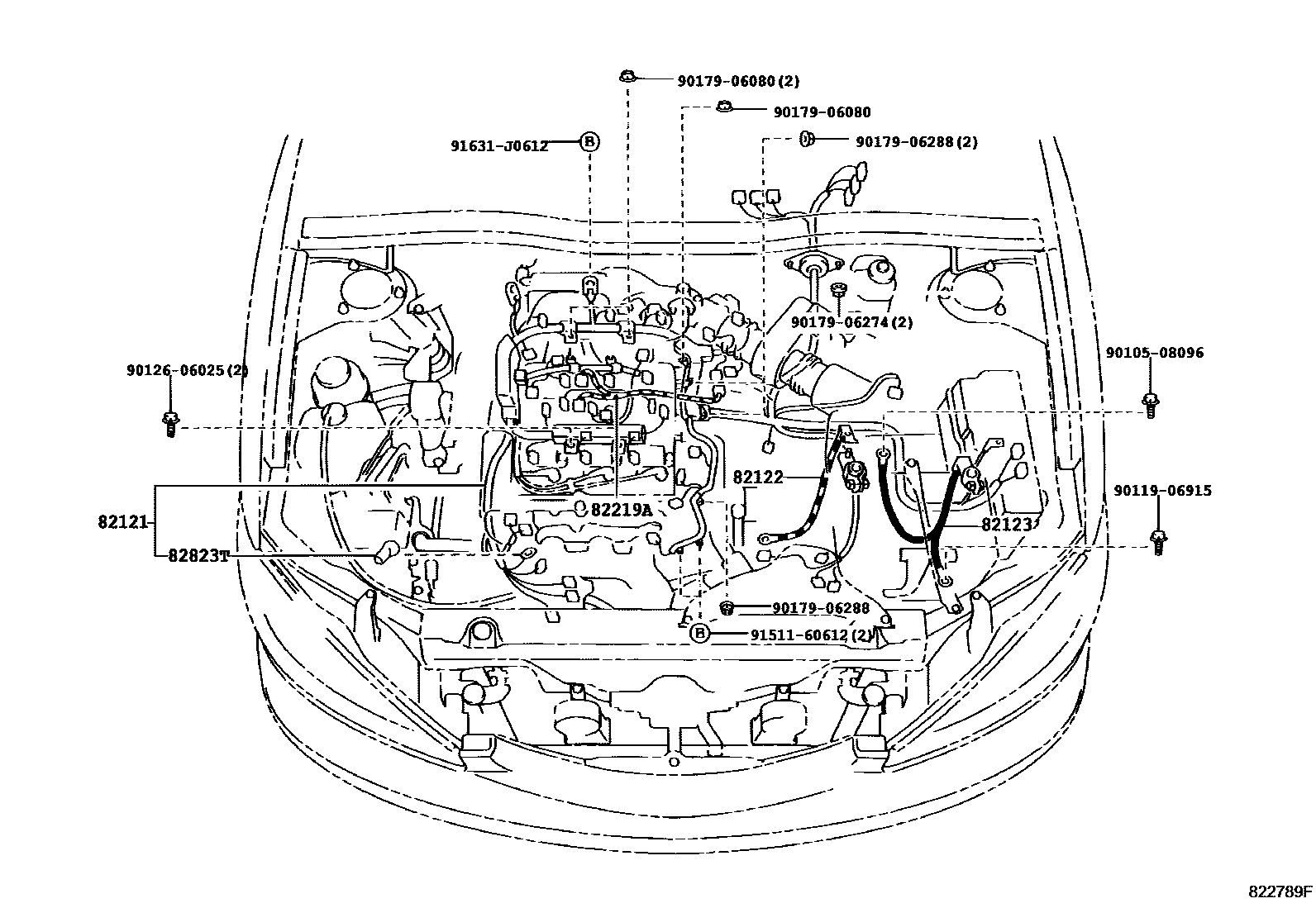 Toyota CAMRY 线束和卡夹 EPC diagram — 822789F