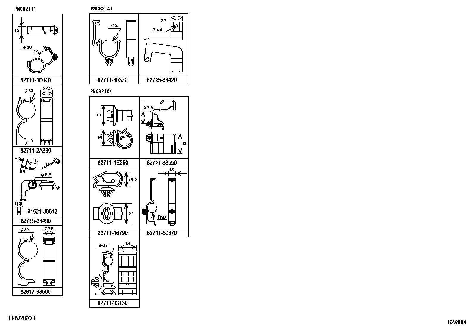 Toyota CAMRY 线束和卡夹 EPC diagram — 822800I