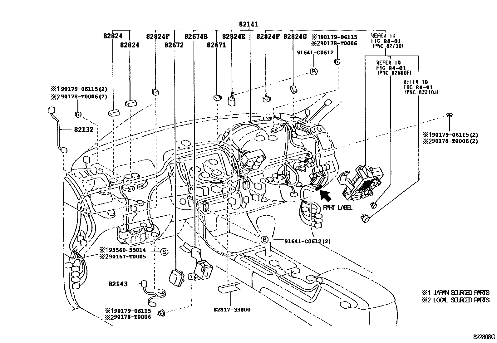 Toyota CAMRY 线束和卡夹 EPC diagram — 822808G