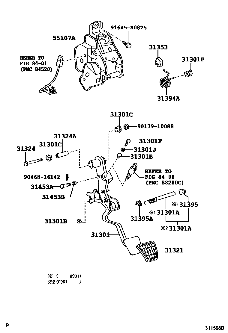 Toyota CAMRY 离合器踏板和挠性软管 EPC diagram — 311598B