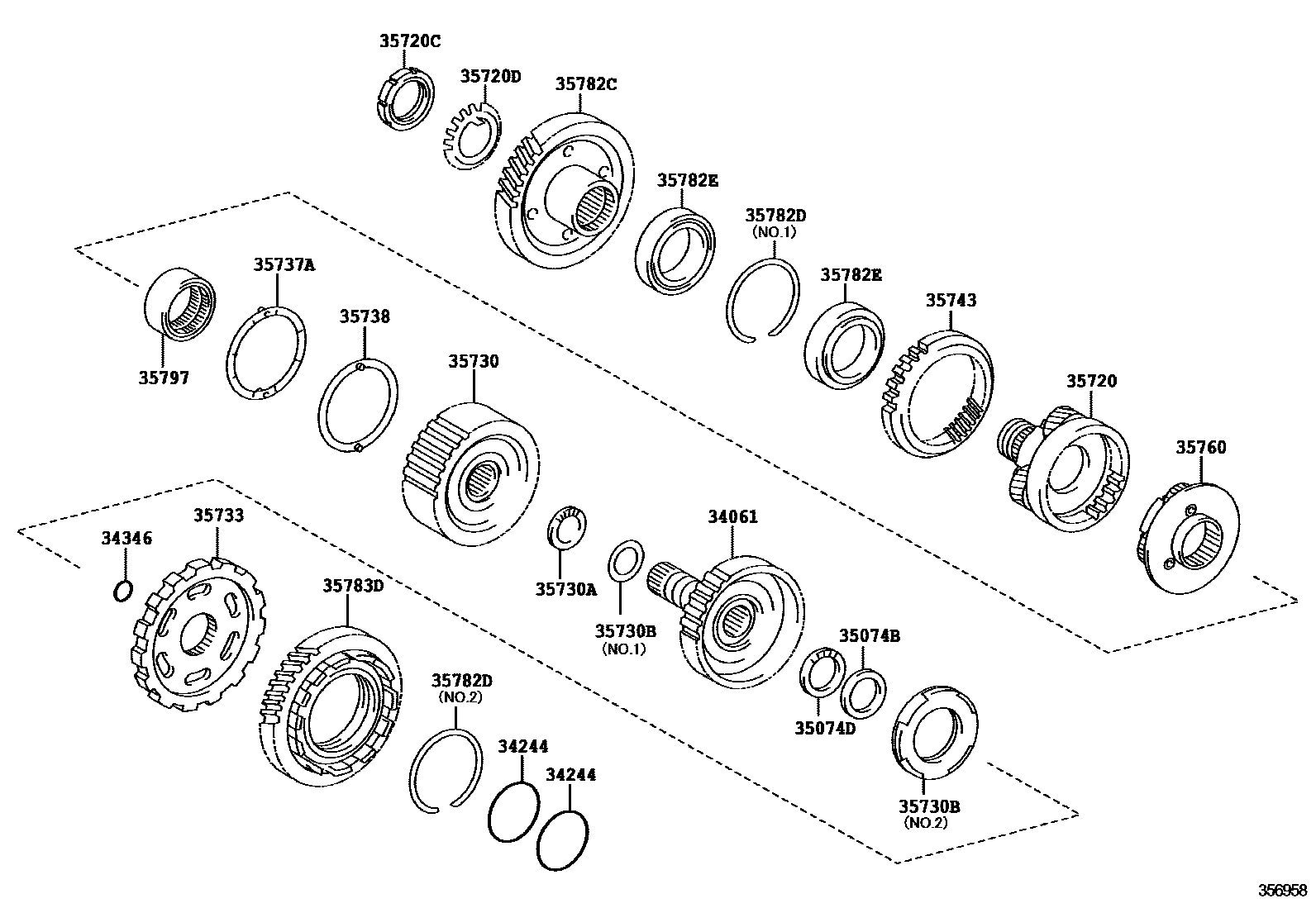 Toyota CAMRY 行星齿轮、倒档活塞和中间轴齿轮(ATM) EPC diagram — 356958