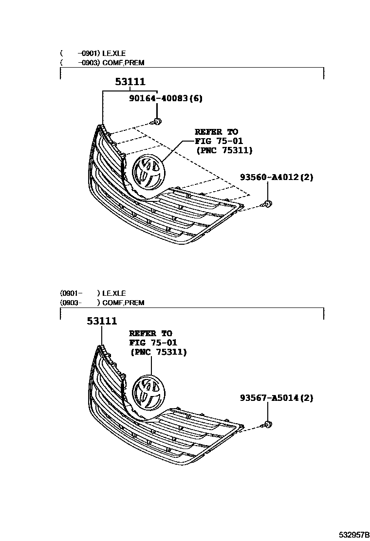 Toyota CAMRY radiator grille EPC diagram — 532957B