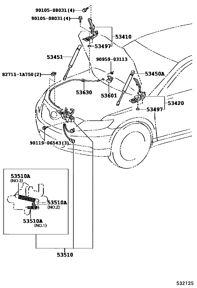 Toyota CAMRY 发动机盖锁和铰链 EPC diagram — 532125