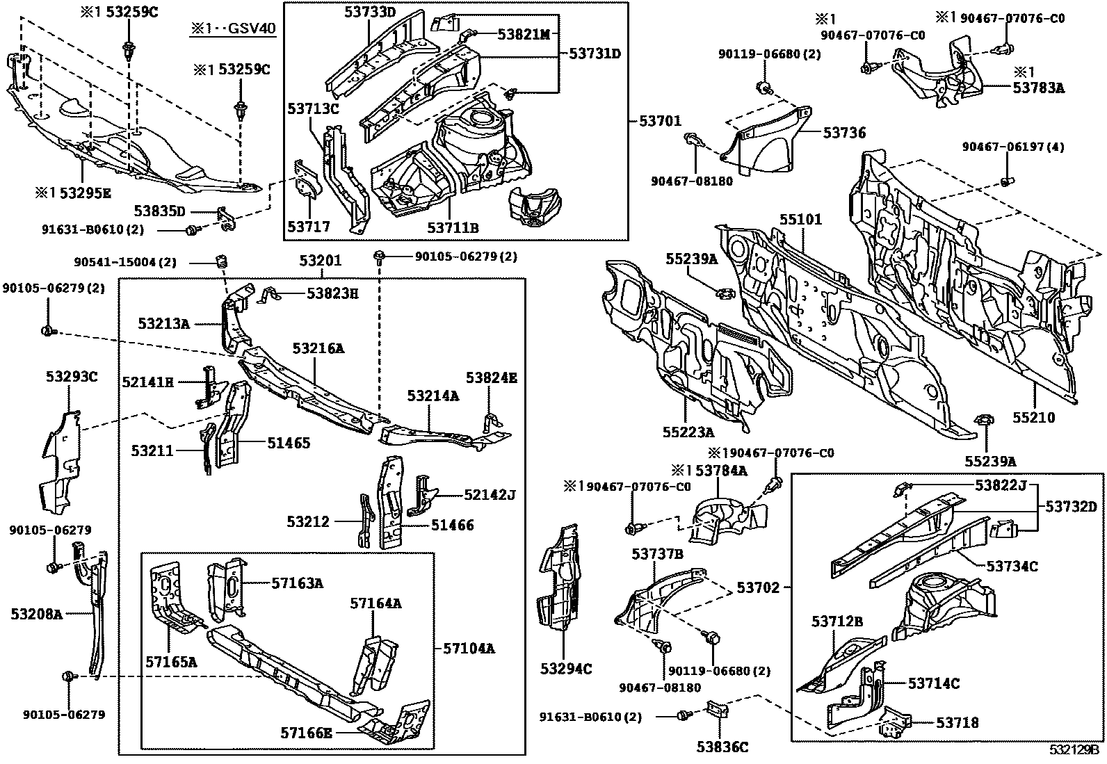 Toyota CAMRY 前翼子板挡泥板和前围板 EPC diagram — 532129B