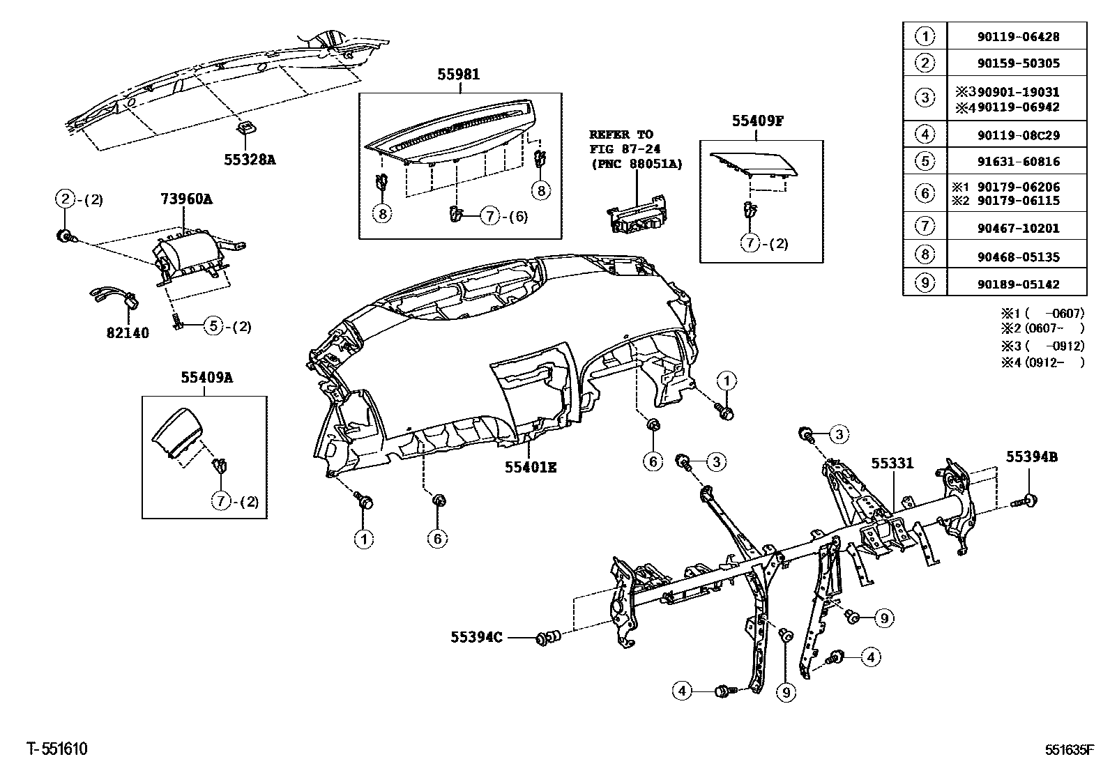 Toyota CAMRY 仪表板和手套箱 EPC diagram — 551635F