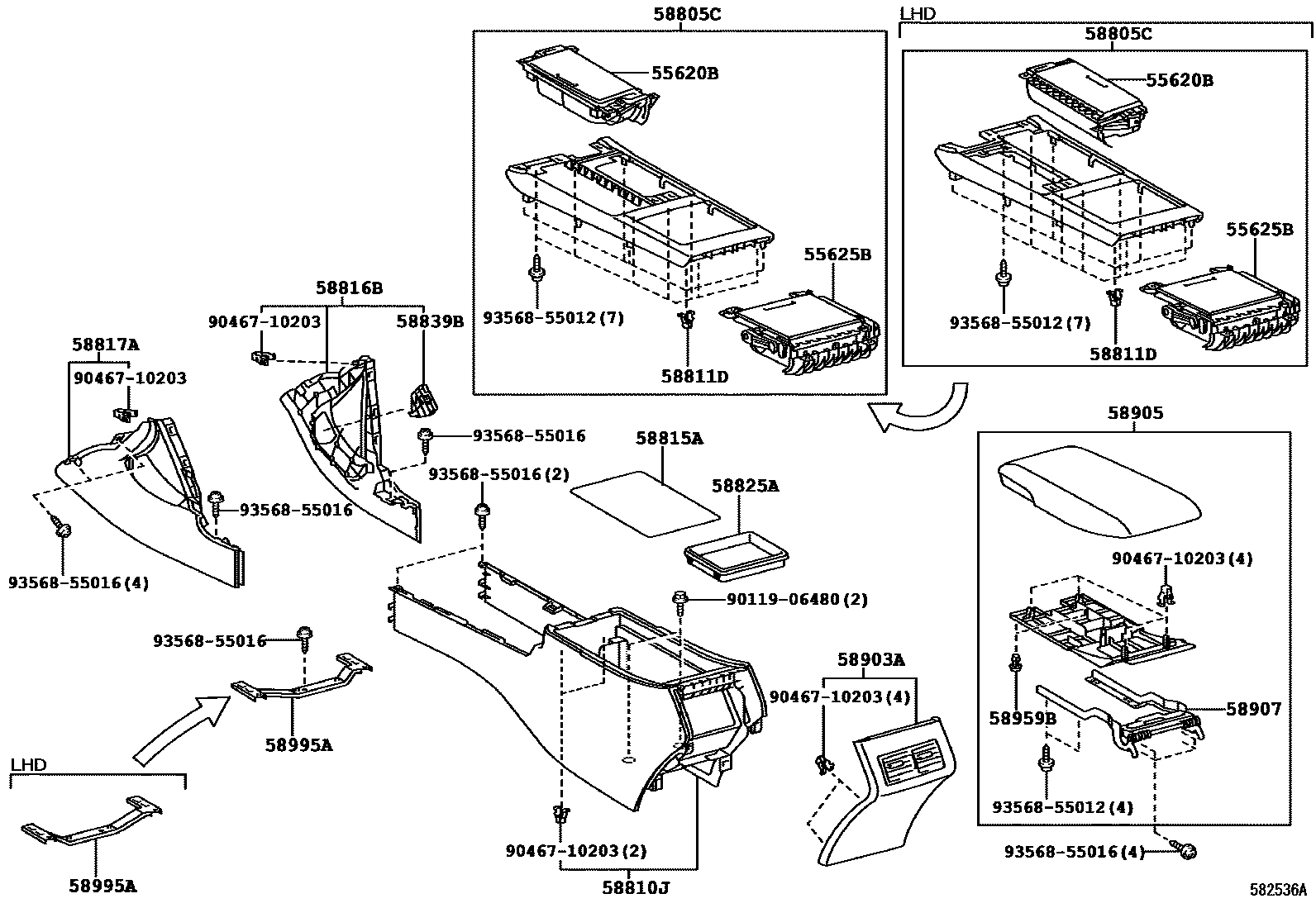Toyota CAMRY 中央扶手箱和支架 EPC diagram — 582536A