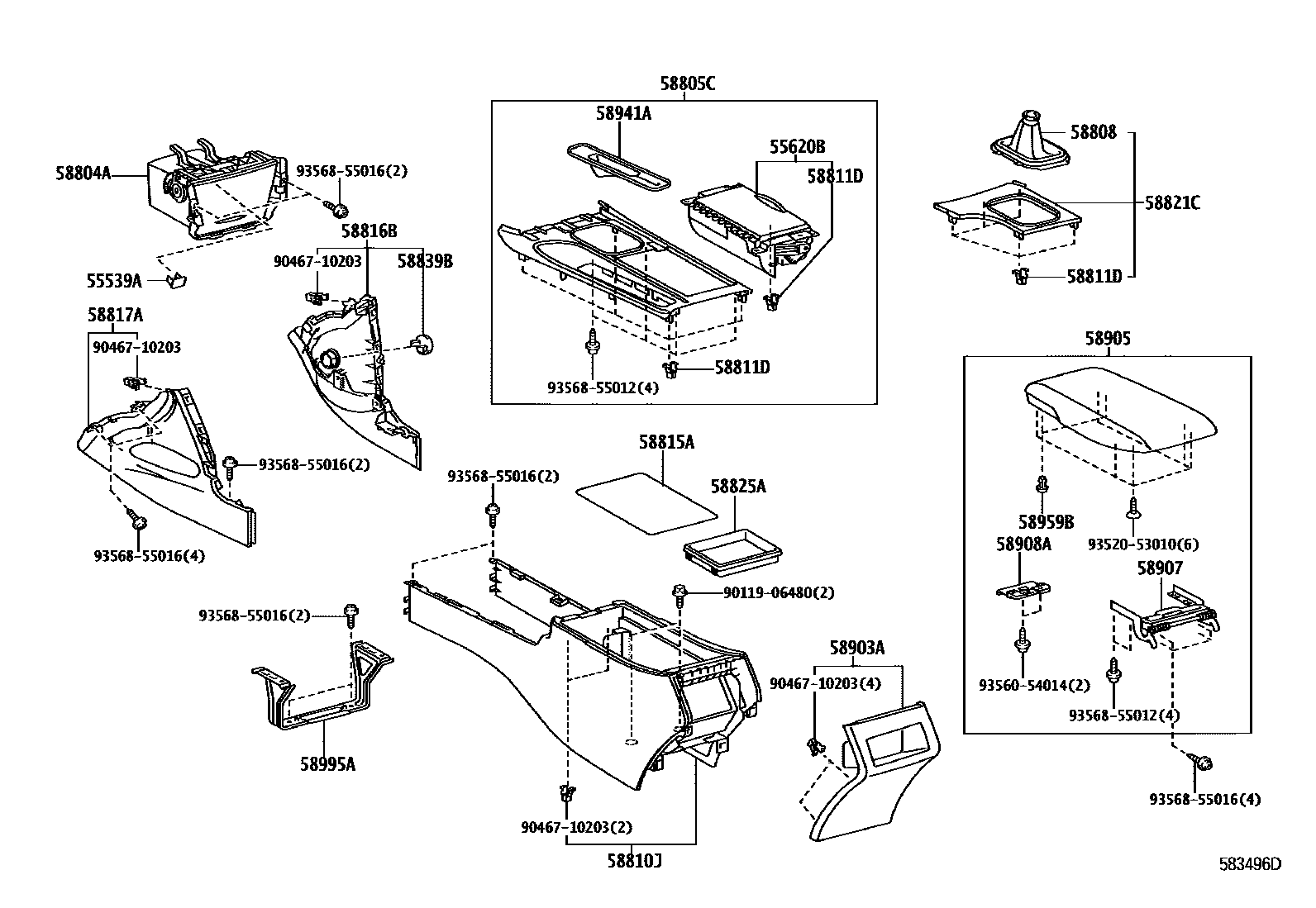 Toyota CAMRY 中央扶手箱和支架 EPC diagram — 583496D