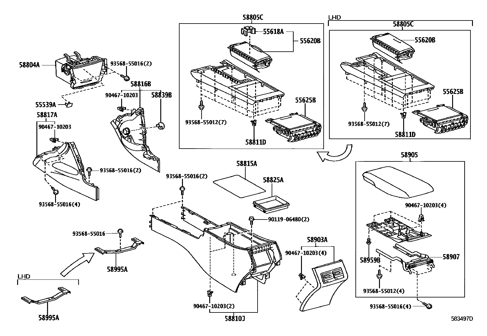 Toyota CAMRY 中央扶手箱和支架 EPC diagram — 583497D