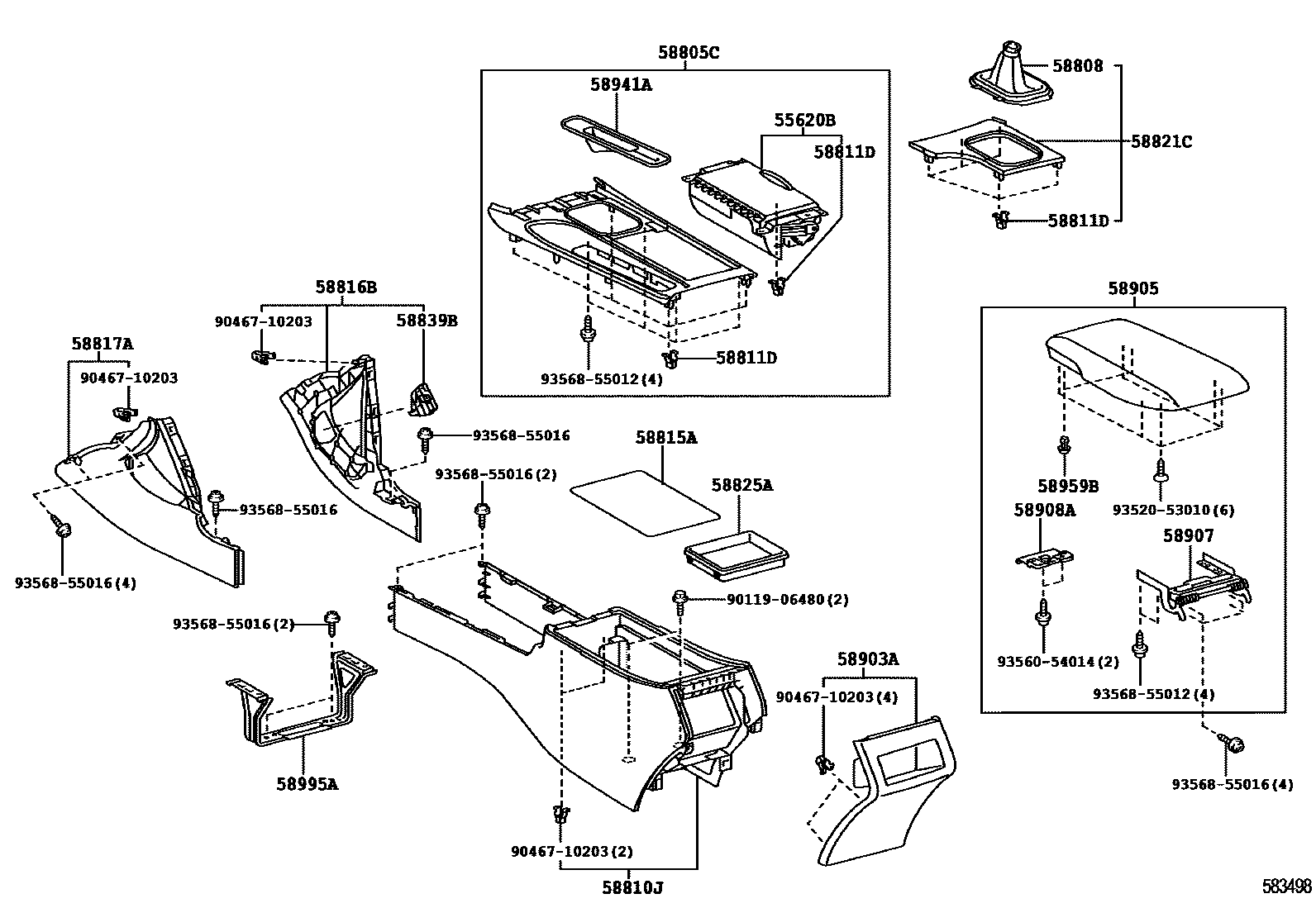 Toyota CAMRY 中央扶手箱和支架 EPC diagram — 583498
