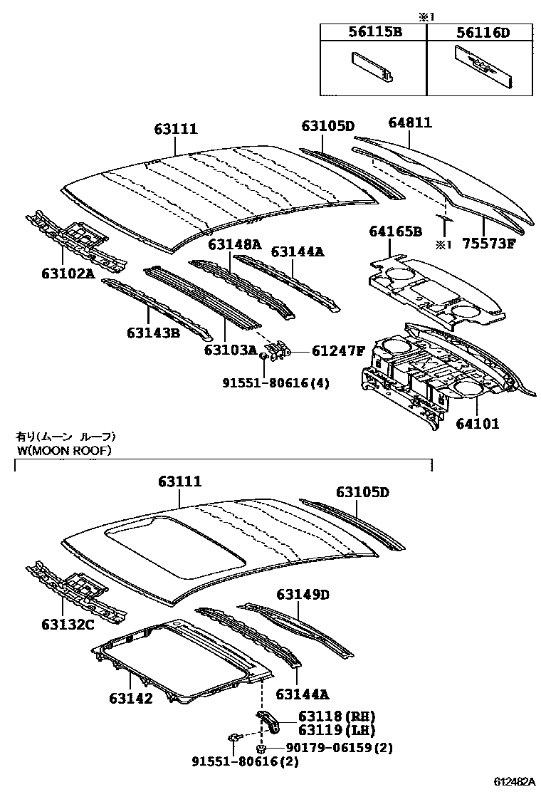 Toyota CAMRY 天窗板和背窗玻璃 EPC diagram — 612482A