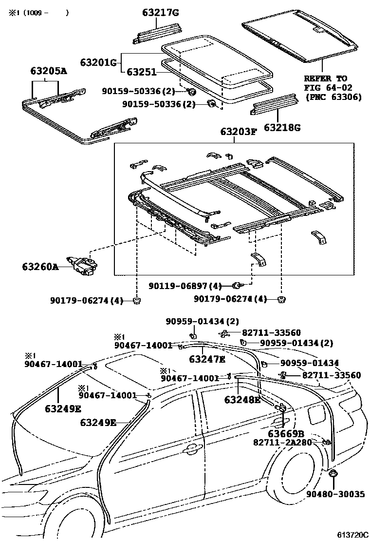 Toyota CAMRY 天窗板和背窗玻璃 EPC diagram — 613720C
