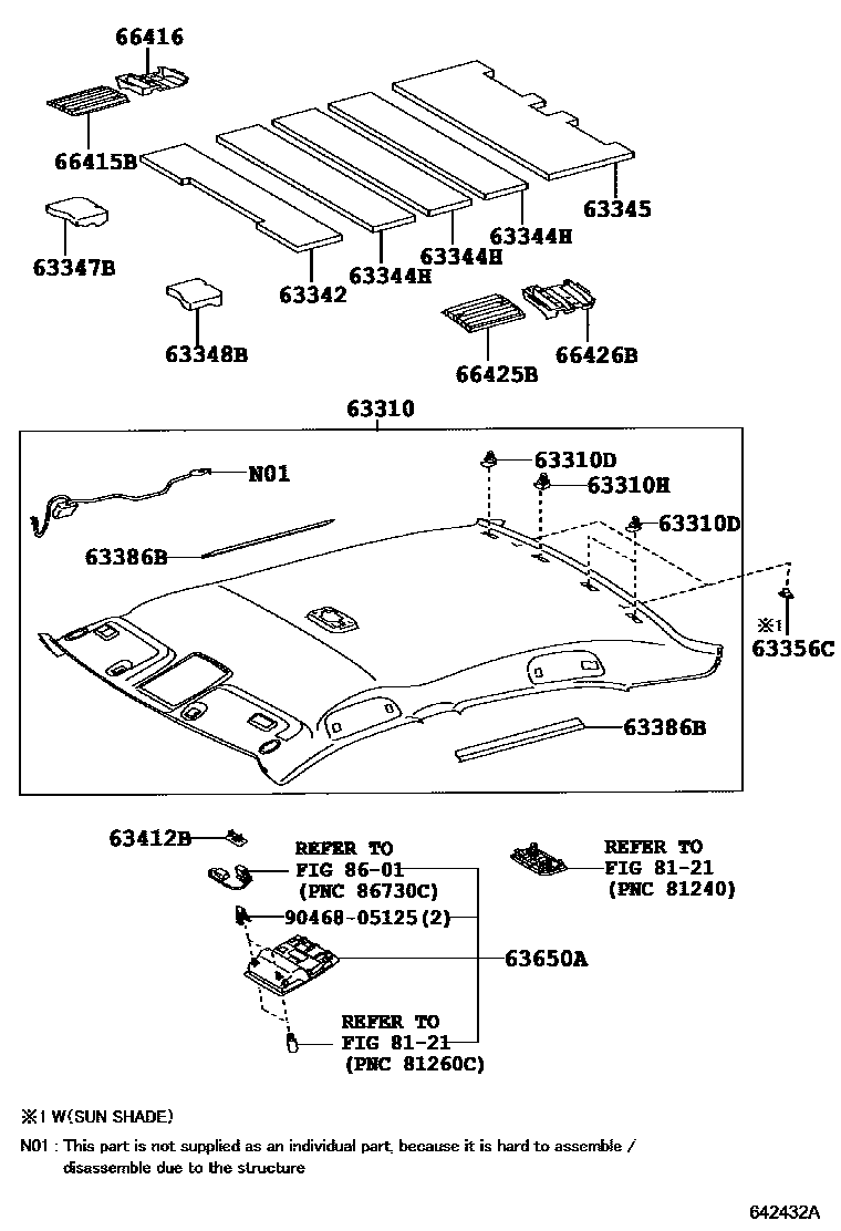 Toyota CAMRY 车顶内衬和消声垫 EPC diagram — 642432A