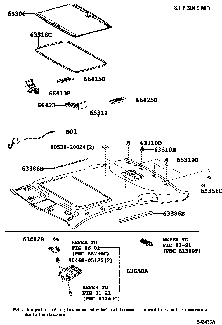 Toyota CAMRY 车顶内衬和消声垫 EPC diagram — 642433A