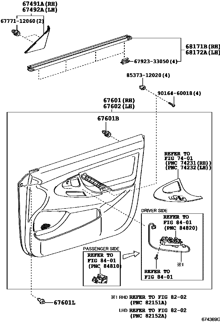 Toyota CAMRY 前门板和前门玻璃 EPC diagram — 674369G