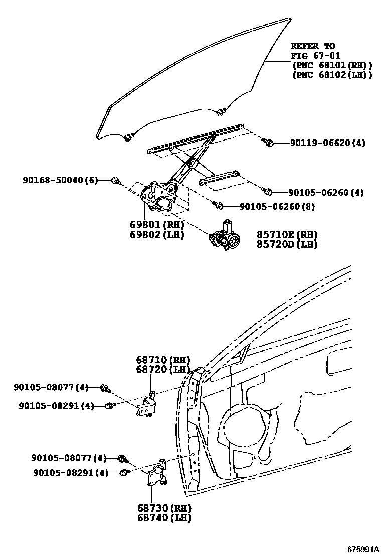 Toyota CAMRY 前门车窗升降器和合页 EPC diagram — 675991A