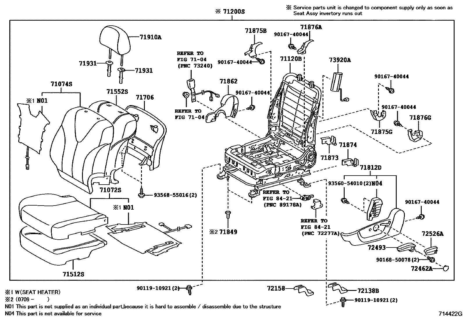 Toyota CAMRY 前排座椅和座椅滑轨 EPC diagram — 714422G