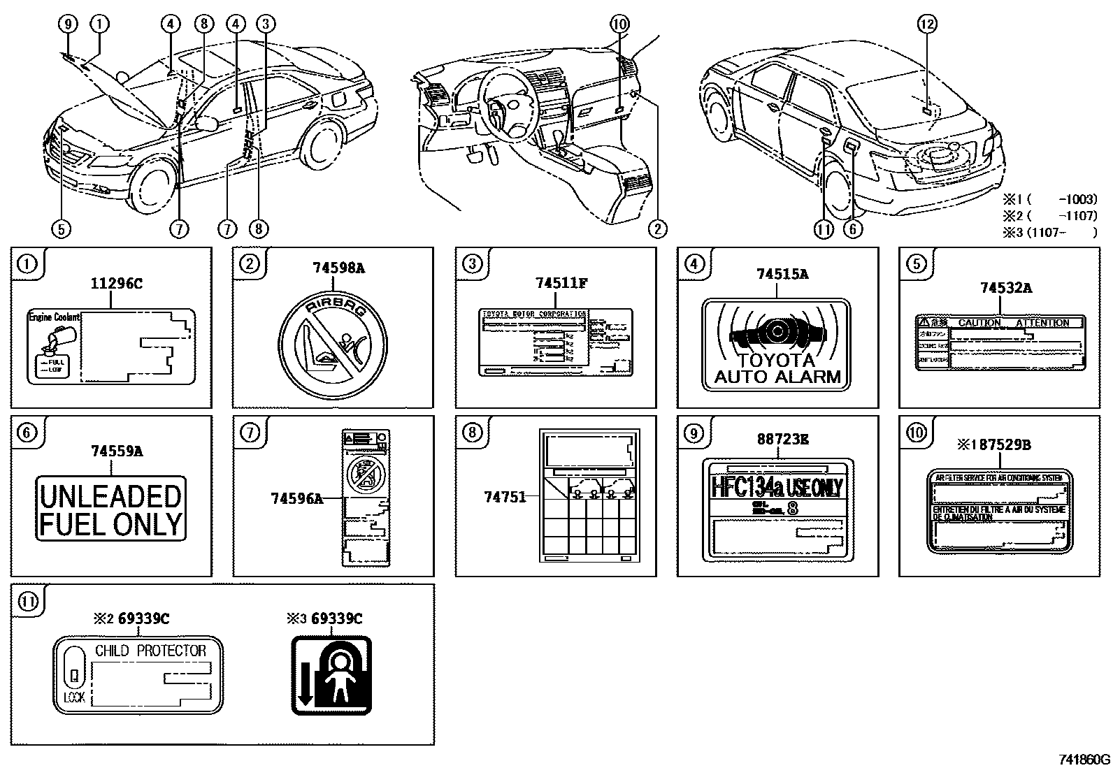 Toyota CAMRY 警示铭牌(车外和车内) EPC diagram — 741860G