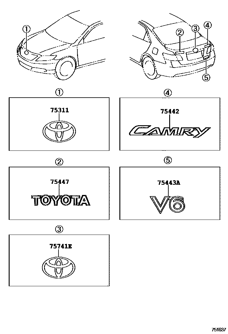 Toyota CAMRY 丰田徽标和铭牌(车外和车内) EPC diagram — 751637