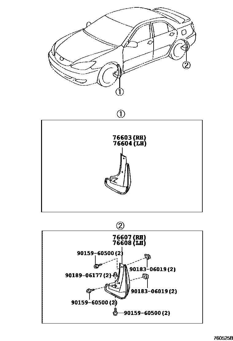 Toyota CAMRY 挡泥板和扰流板 EPC diagram — 760525B