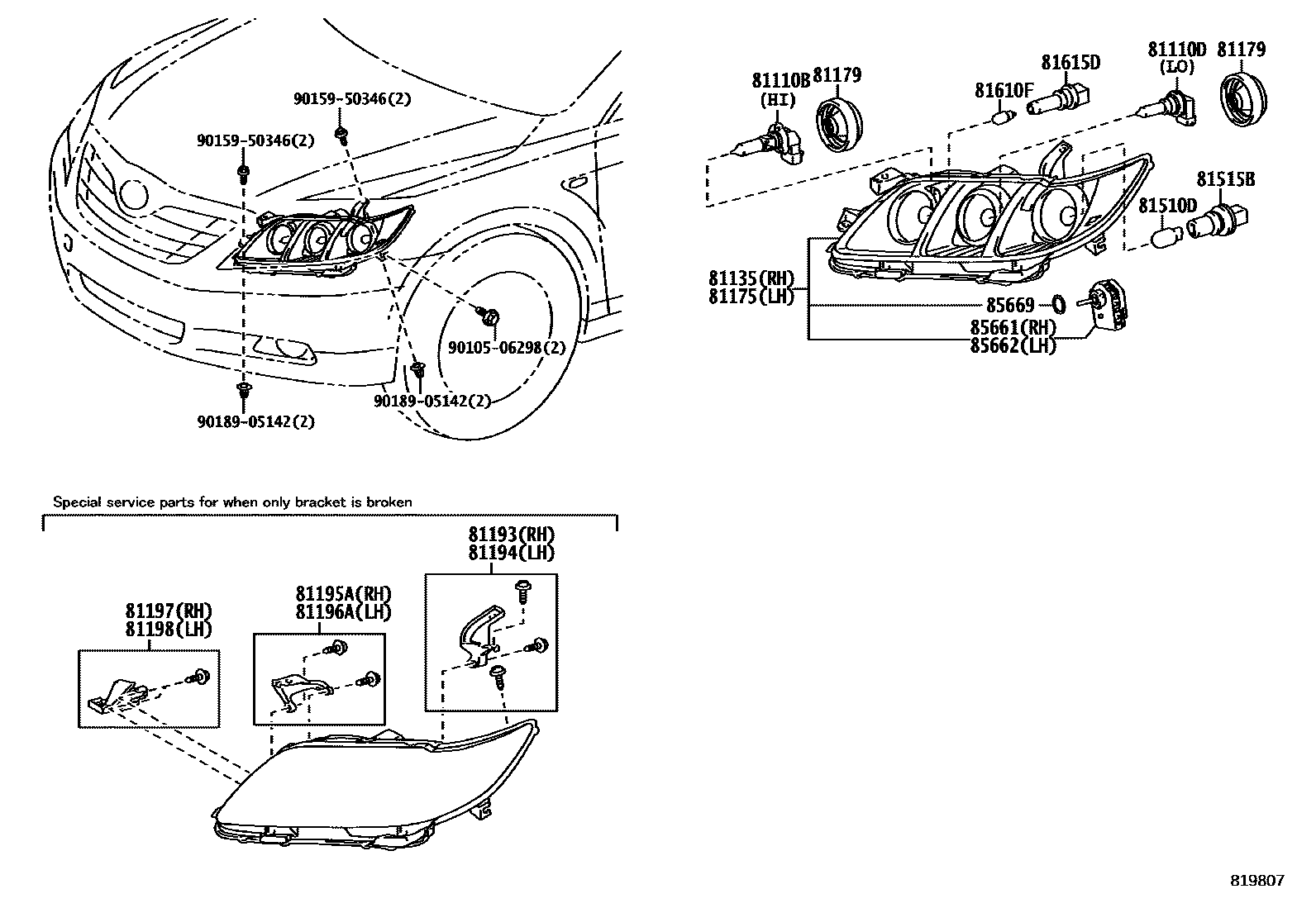 Toyota CAMRY Headlamp EPC diagram — 819807