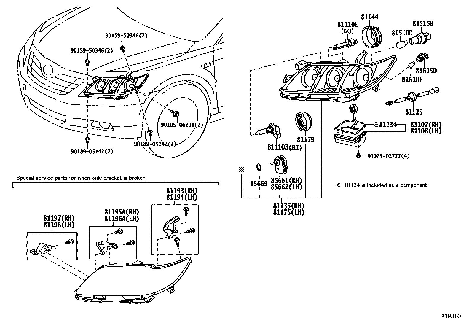 Toyota CAMRY Headlamp EPC diagram — 819810