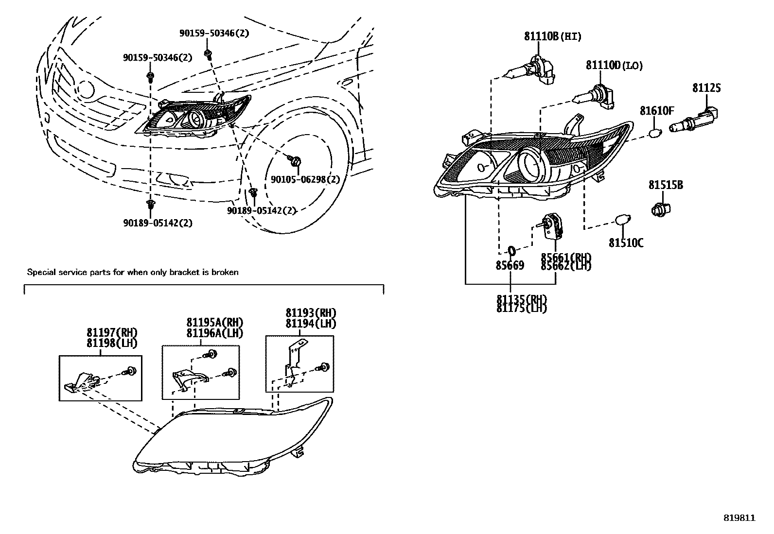 Toyota CAMRY Headlamp EPC diagram — 819811