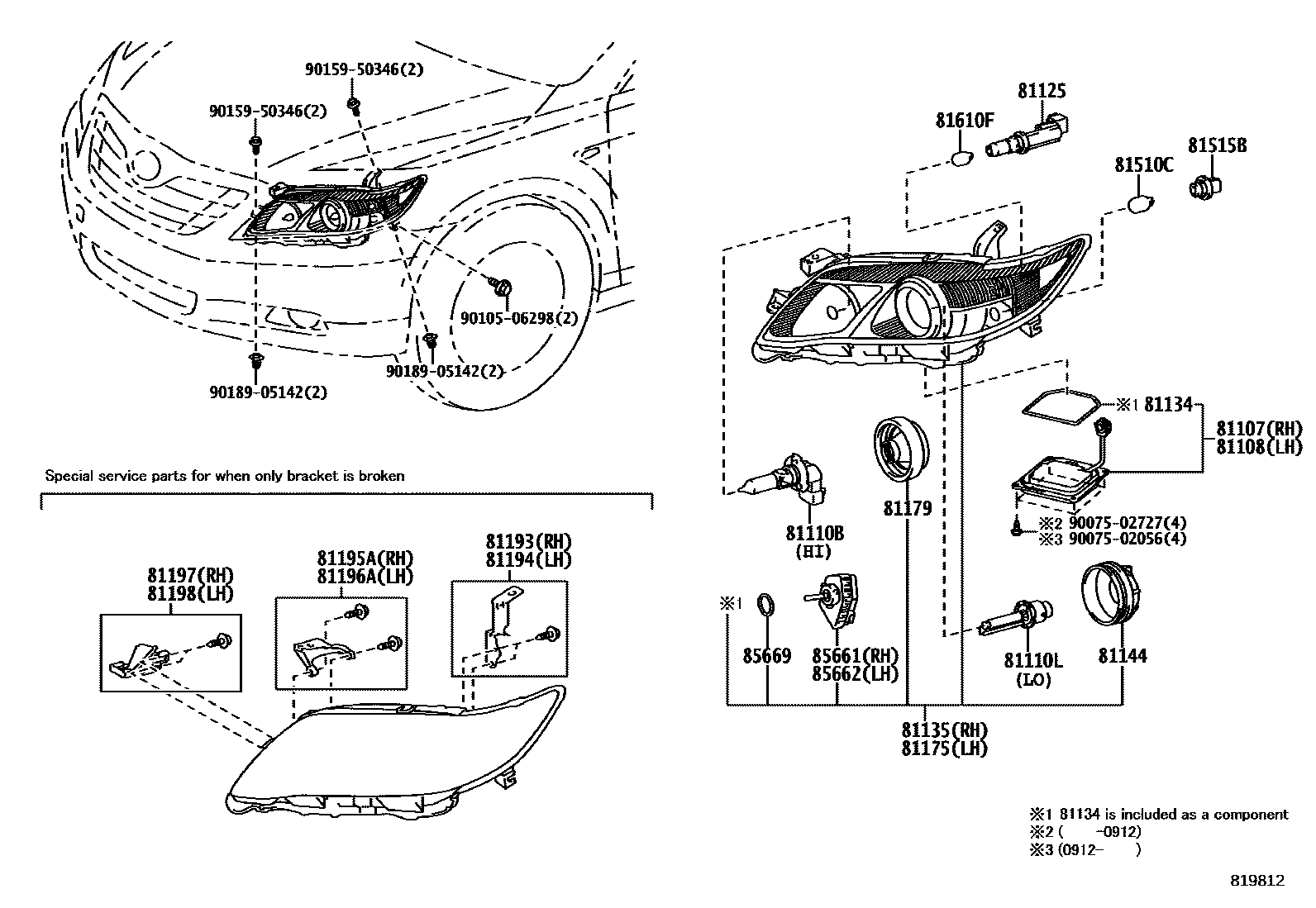 Toyota CAMRY Headlamp EPC diagram — 819812