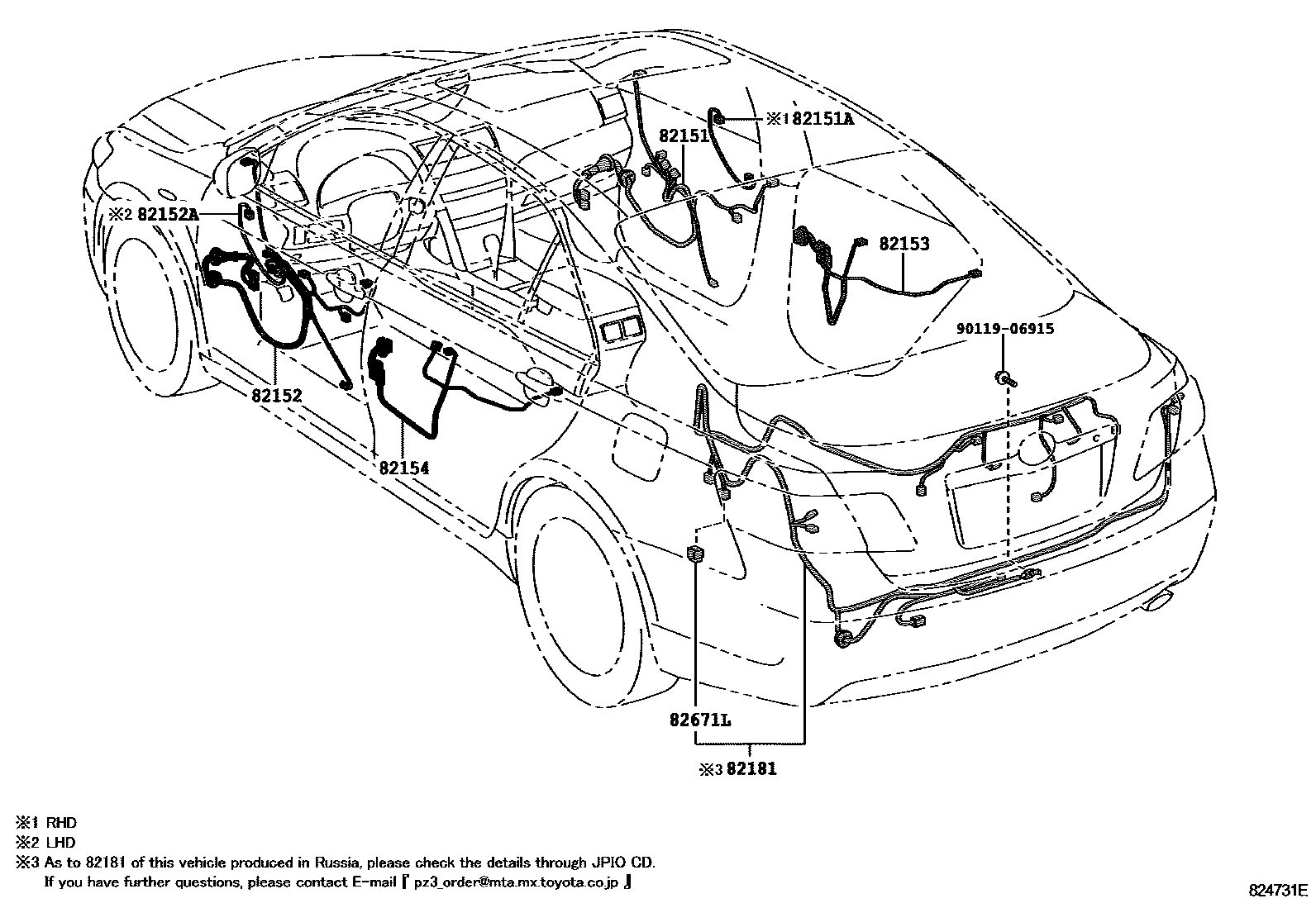 Toyota CAMRY 线束和卡夹 EPC diagram — 824731E