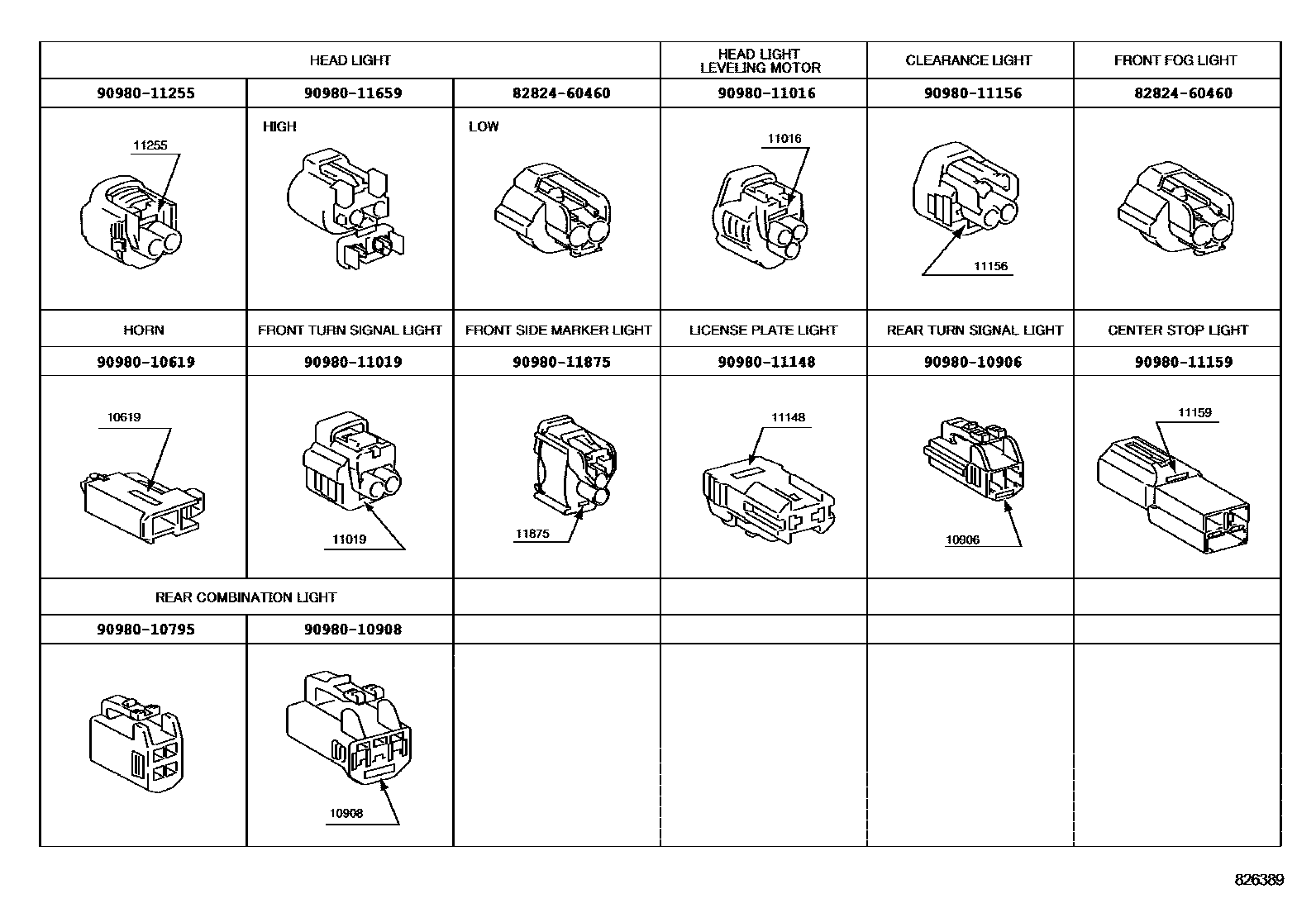 Toyota CAMRY 线束和卡夹 EPC diagram — 826389