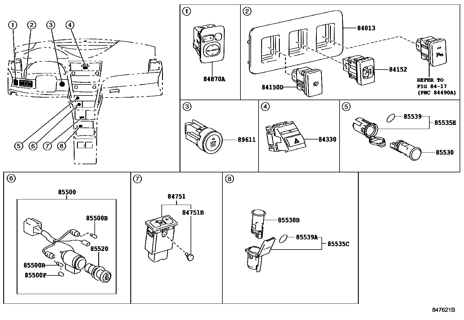 Toyota CAMRY 开关和继电器和ECU EPC diagram — 847621B