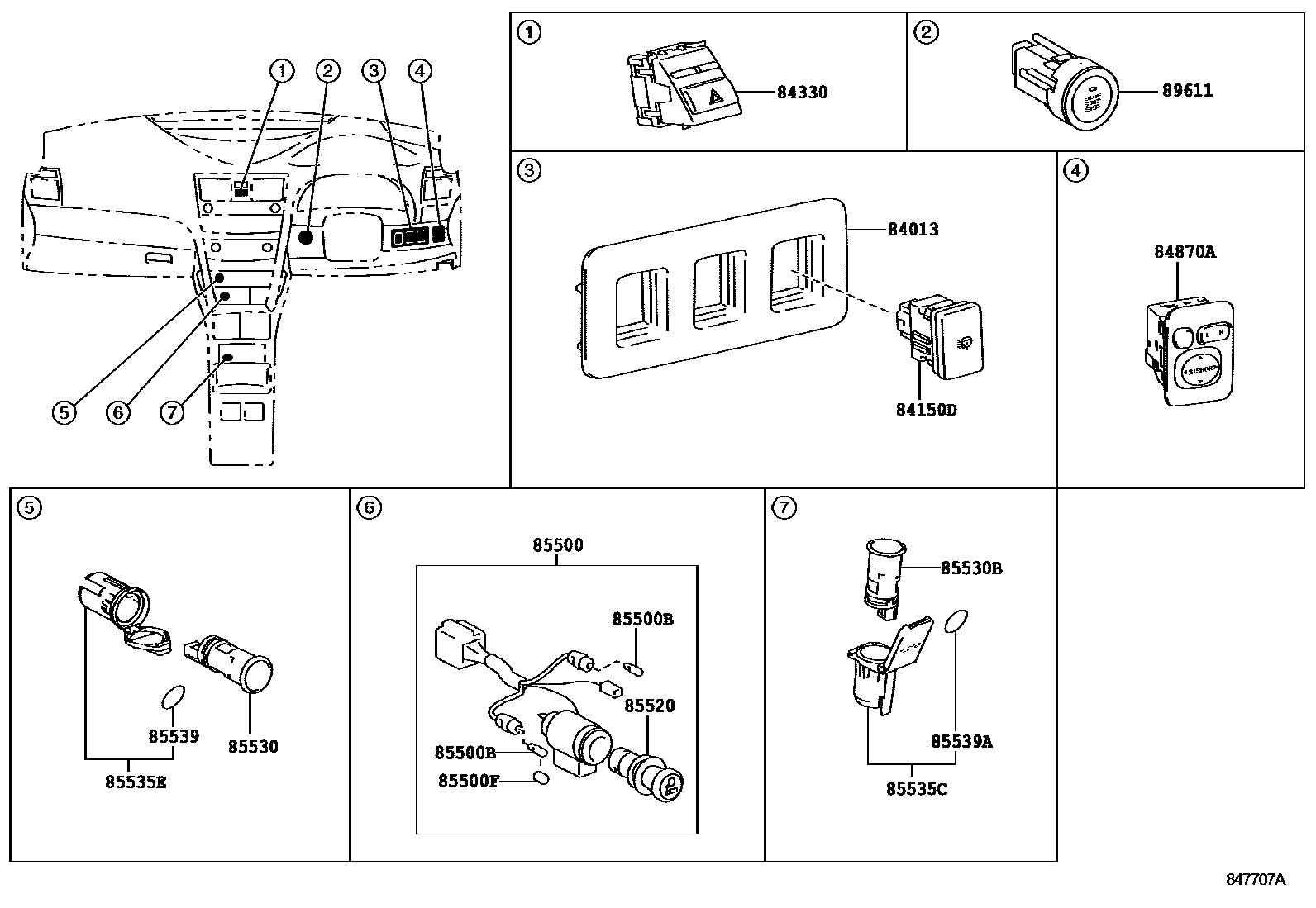 Toyota CAMRY 开关和继电器和ECU EPC diagram — 847707A