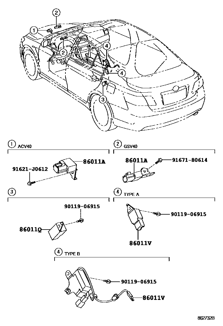 Toyota CAMRY 收音机、放大器和冷凝器 EPC diagram — 862732B
