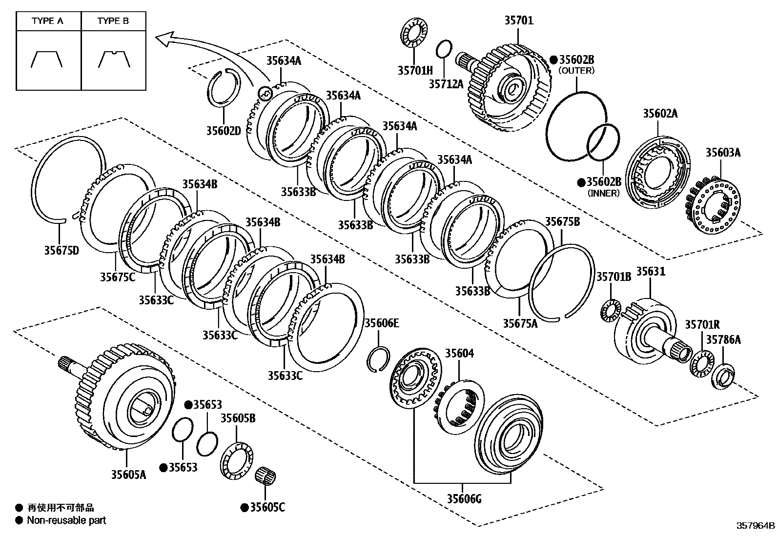 Toyota CAMRY 制动带和多片式离合器(ATM) EPC diagram — 357964B