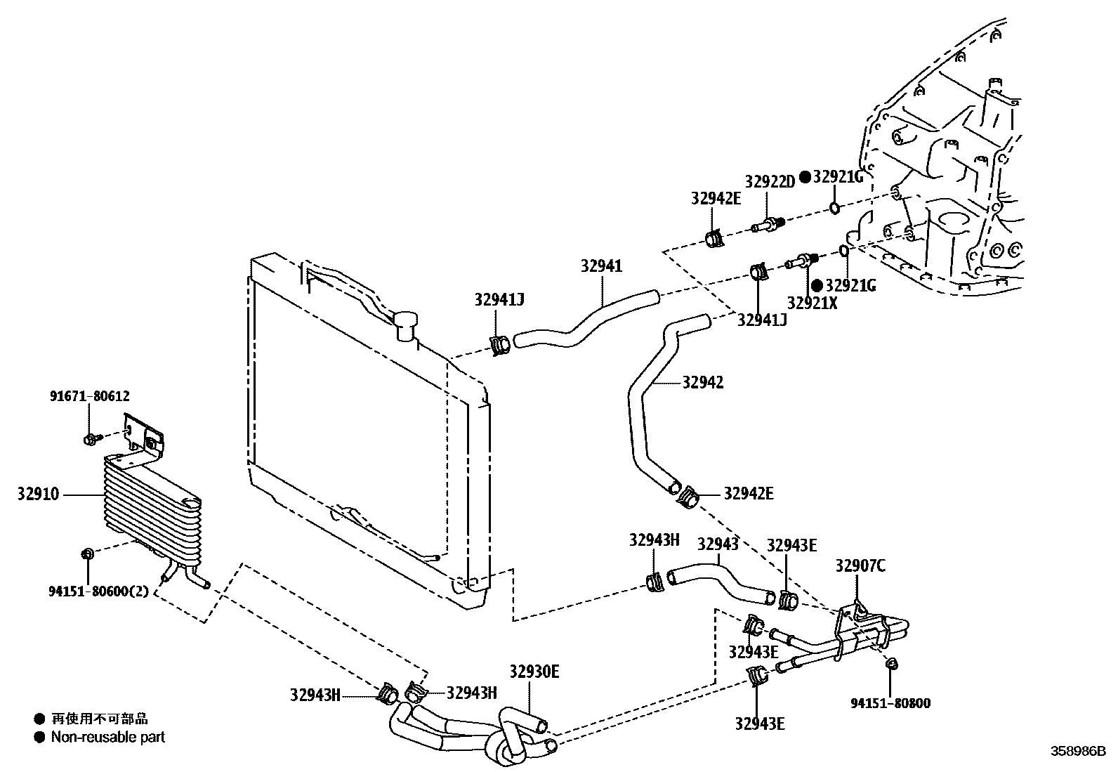 Toyota CAMRY 变速器油冷却器和配管(ATM) EPC diagram — 358986B