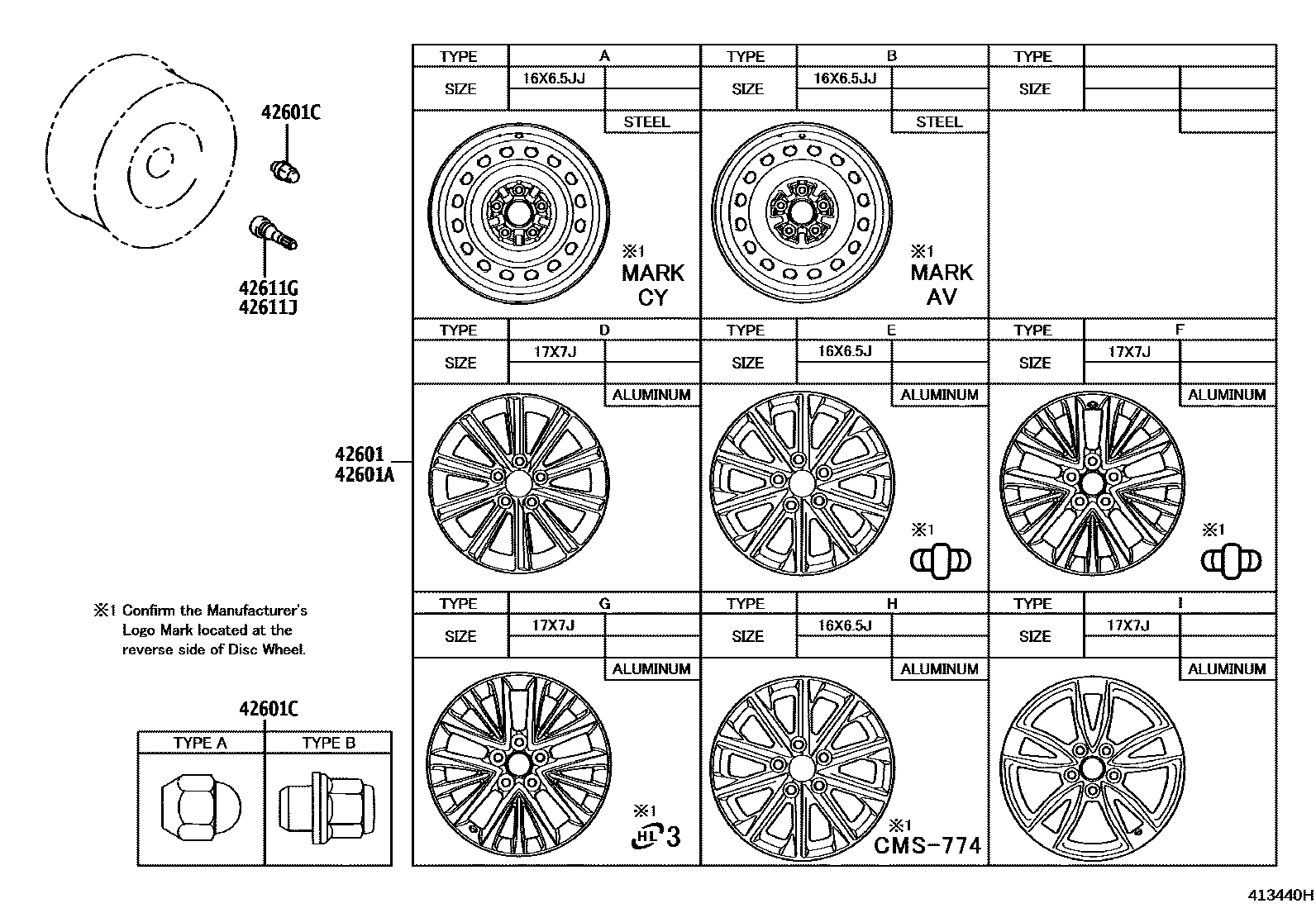 Toyota CAMRY 车轮和车轮盖 EPC diagram — 413440H