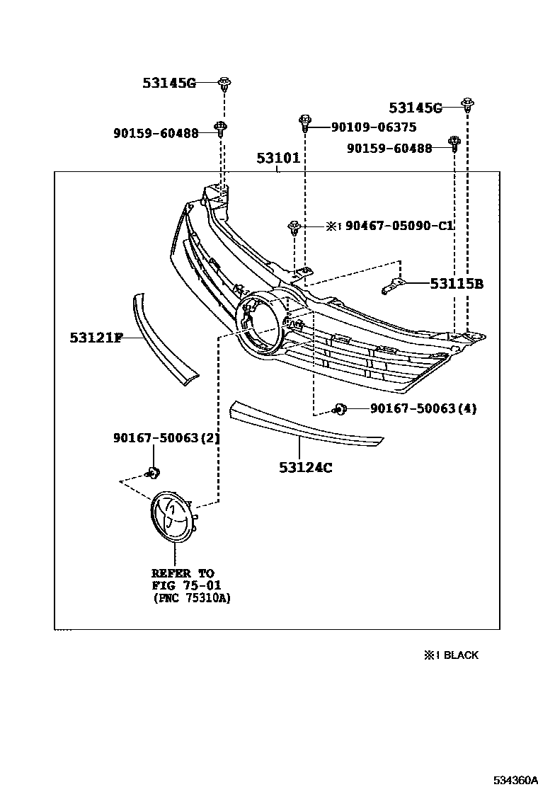 Toyota CAMRY radiator grille EPC diagram — 534360A