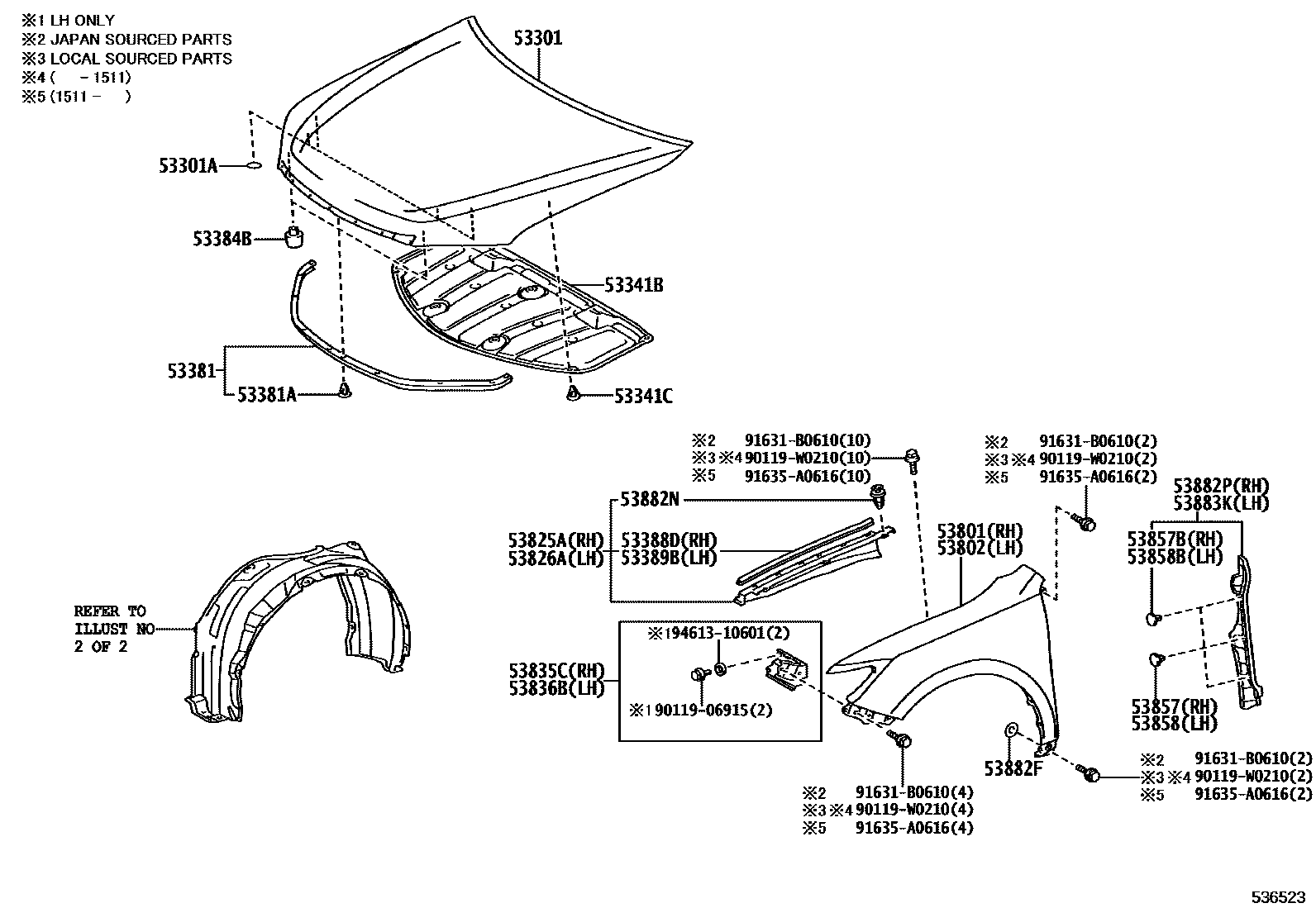 Toyota CAMRY 发动机盖和前翼子板 EPC diagram — 536523