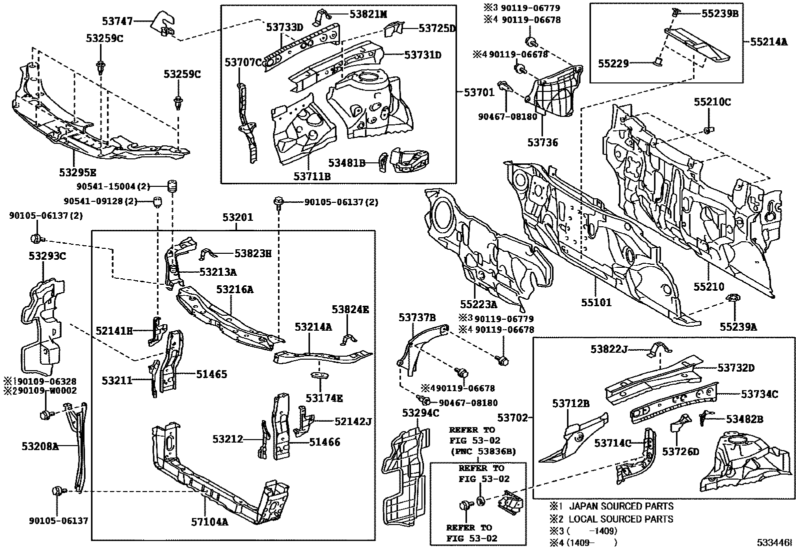 Toyota CAMRY 前翼子板挡泥板和前围板 EPC diagram — 533446I