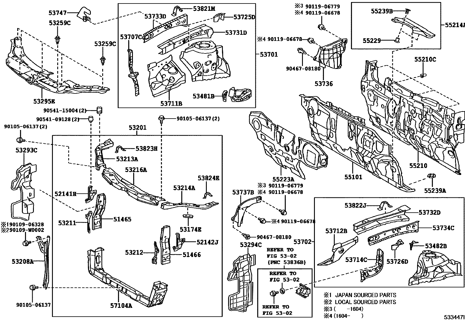 Toyota CAMRY 前翼子板挡泥板和前围板 EPC diagram — 533447I