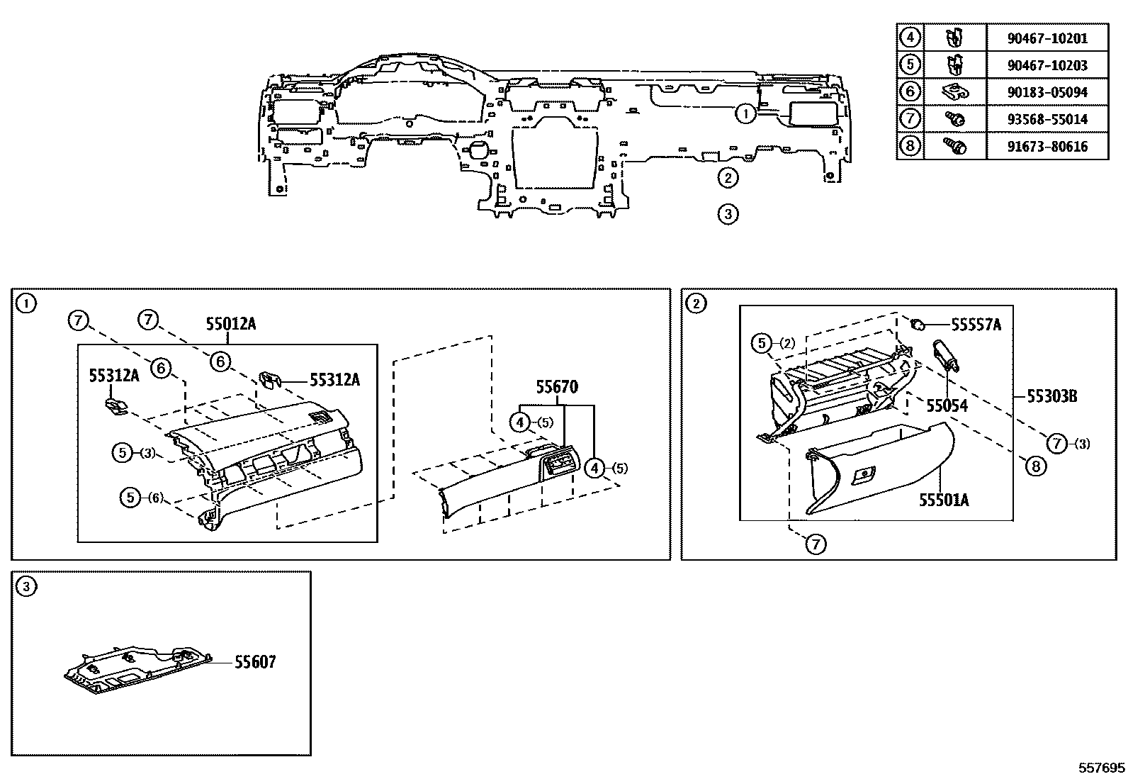 Toyota CAMRY 仪表板和手套箱 EPC diagram — 557695