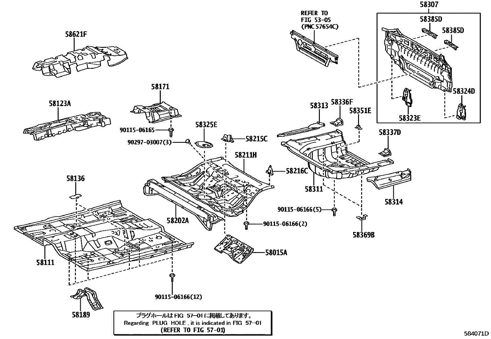Toyota CAMRY 浅盘形地板和车身下背板 EPC diagram — 584071D