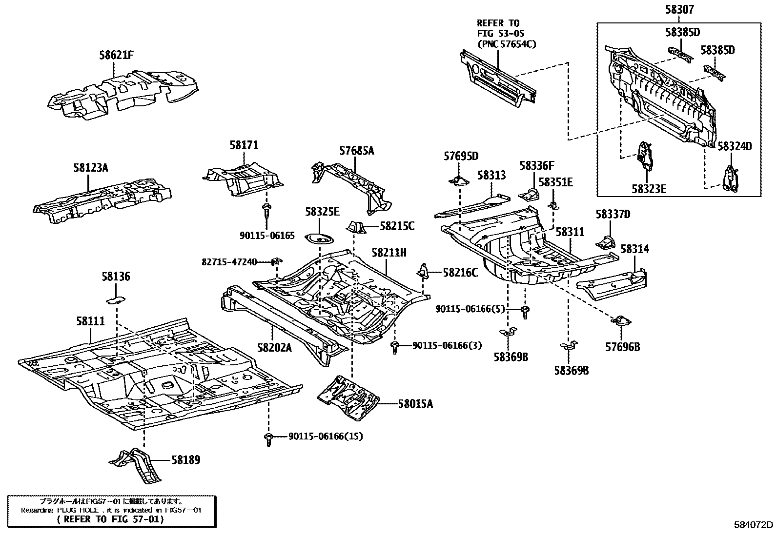 Toyota CAMRY 浅盘形地板和车身下背板 EPC diagram — 584072D