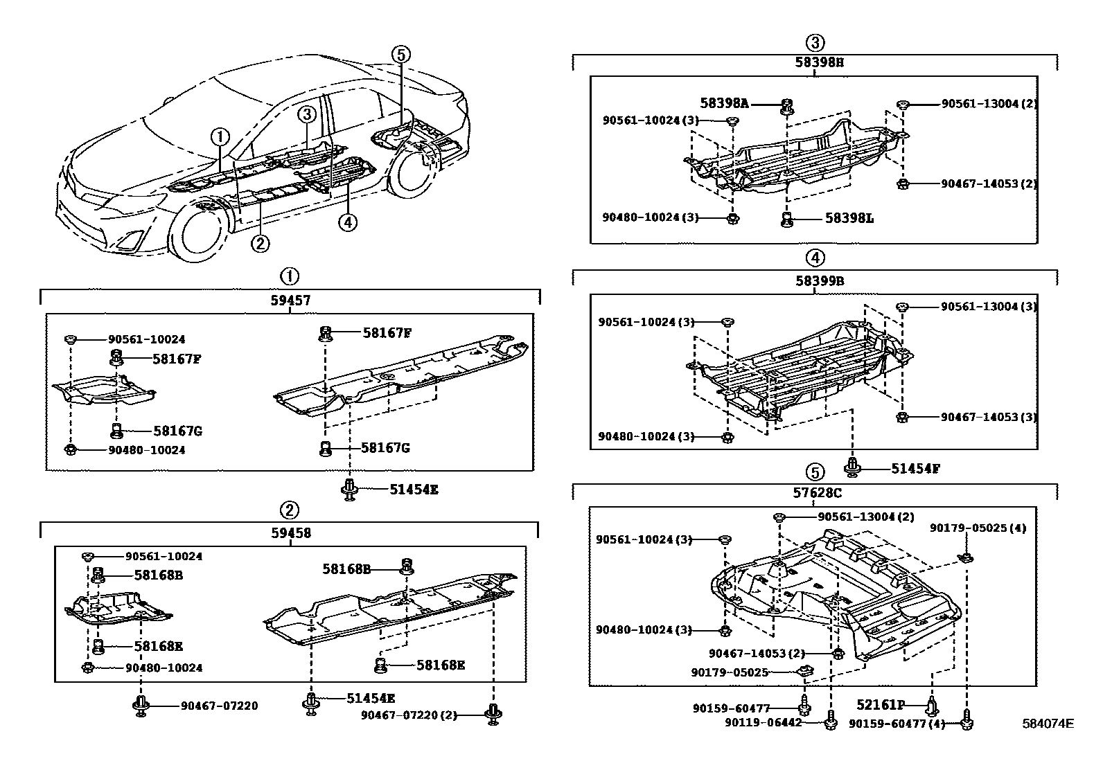 Toyota CAMRY 浅盘形地板和车身下背板 EPC diagram — 584074E