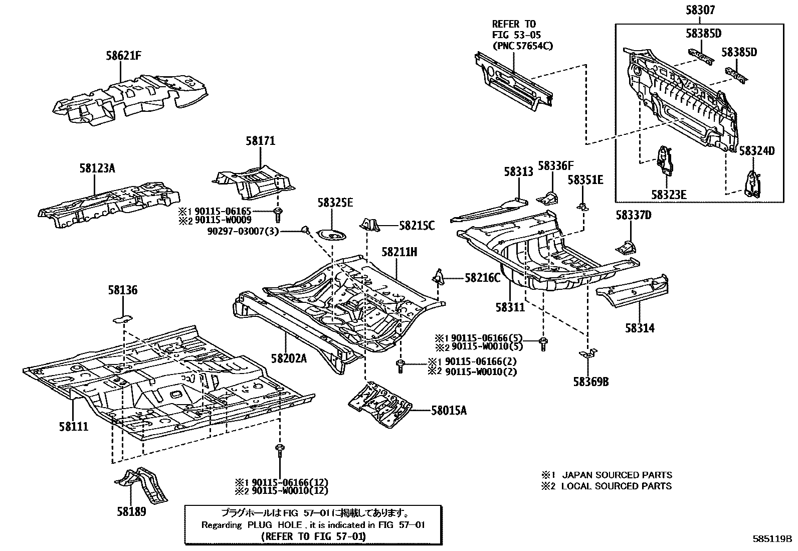 Toyota CAMRY 浅盘形地板和车身下背板 EPC diagram — 585119B