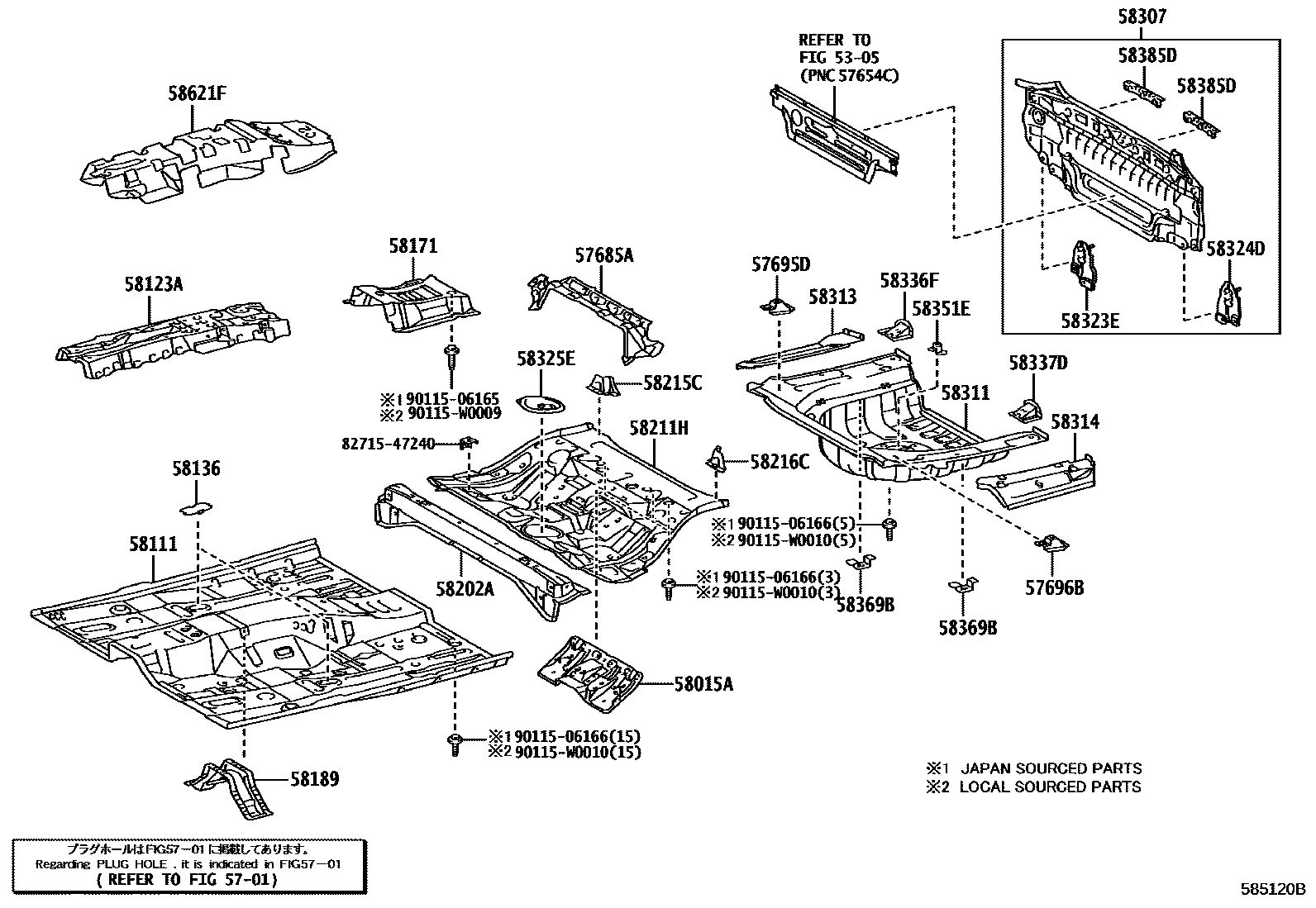 Toyota CAMRY 浅盘形地板和车身下背板 EPC diagram — 585120B