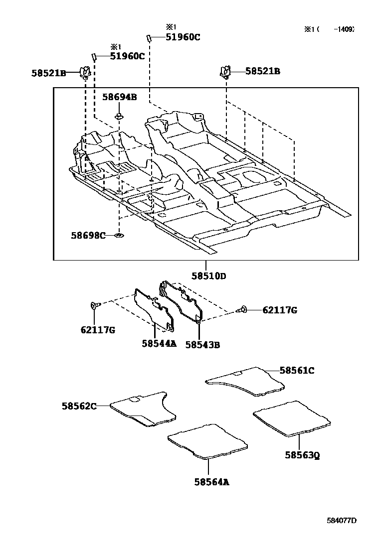 Toyota CAMRY 地板垫和地毯 EPC diagram — 584077D