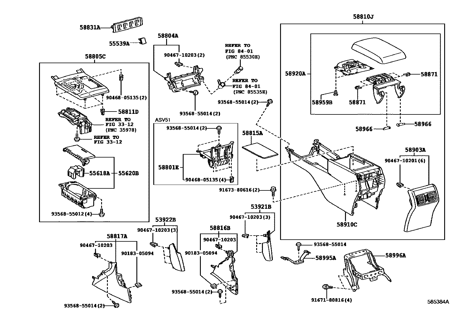Toyota CAMRY 中央扶手箱和支架 EPC diagram — 585384A