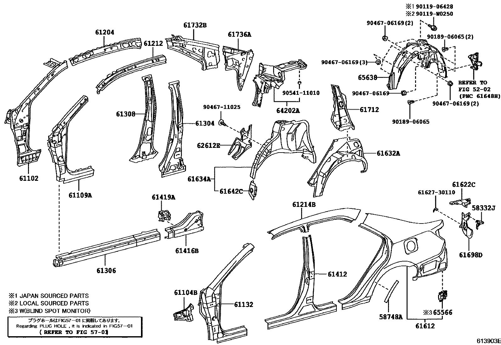 Toyota CAMRY 侧梁 EPC diagram — 613903E