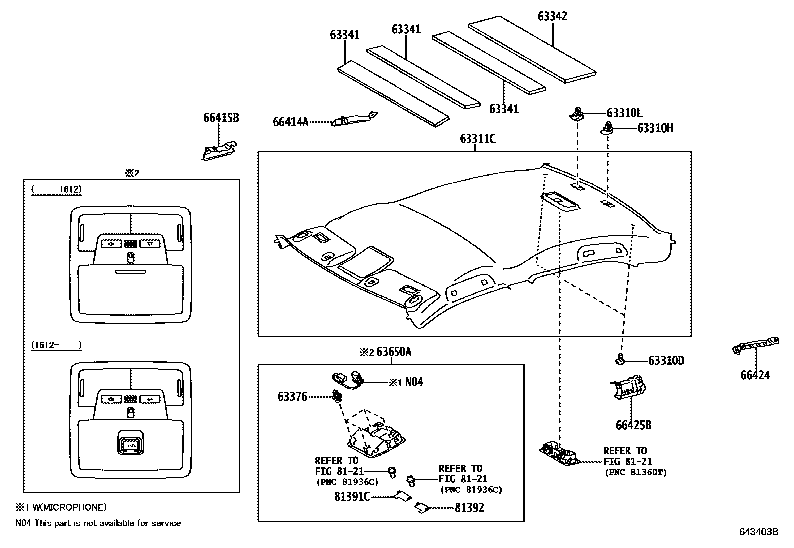 Toyota CAMRY 车顶内衬和消声垫 EPC diagram — 643403B
